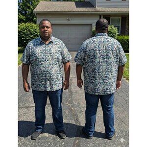 Perry Ellis 2X Button Up Shirt Mens Stretch Short Sleeve Blue Green Leaf Print